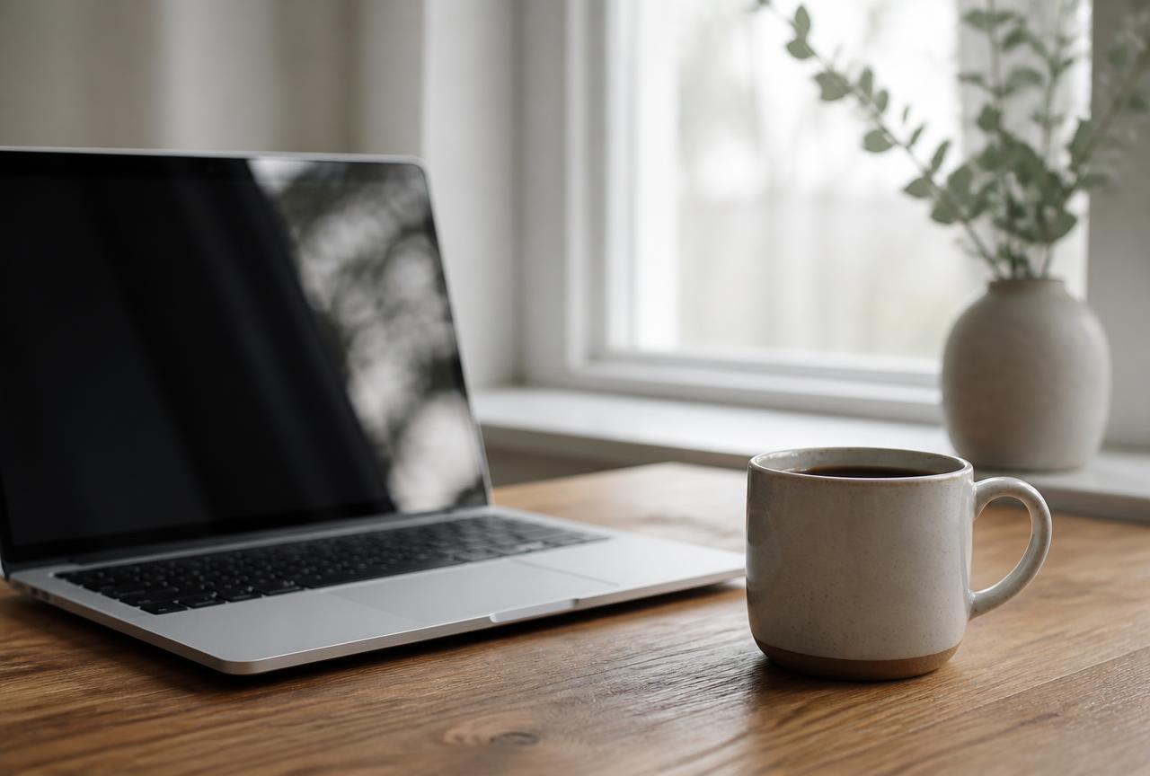 A laptop and a cup of coffee on a wooden desk by a window