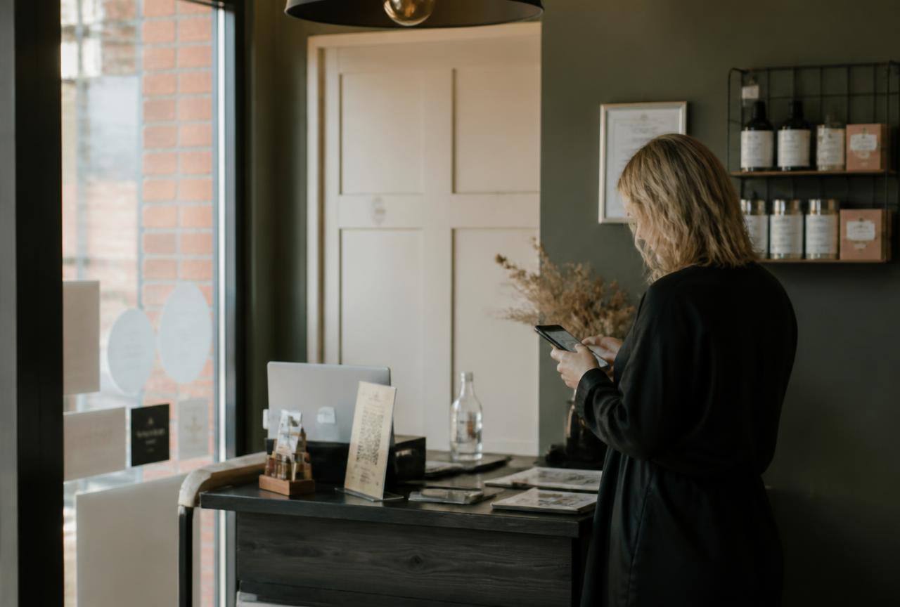 A small business owner checking their phone at a calm, naturally lit counter.